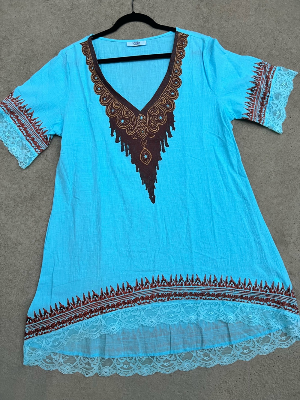 Vela Turquoise Boho Lace-Trim Tunic Dress